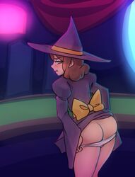 annoyed ass blackjack_dealer blush brown_eyes brown_hair colored female level-5 light-skinned_female monorus ni_no_kuni panties solo stripping white_panties witch witch_hat