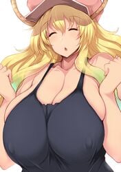 big_breasts black_clothing black_shirt black_topwear blonde_hair breasts breasts_bigger_than_head bust_portrait cleavage closed_eyes clothed clothing female front_view hair hat headgear headwear hi_res horn horned_humanoid huge_breasts humanoid light_body light_skin long_hair miss_kobayashi's_dragon_maid nipple_outline not_furry open_mouth portrait quetzalcoatl_(dragon_maid) shirt solo tank_top topwear tsukasawa_takamatsu