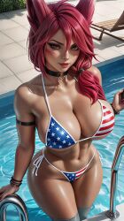 1girls ai_generated american_flag_bikini animal_ears bikini brown_eyes female league_of_legends looking_at_viewer pool poolside sexy sexy_body tagme toned toned_body toned_female xayah