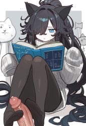 ... absurdres animal_ears axe_cat_(nyanko_daisensou) black_hair black_pantyhose blue_eyes book cat_ears cat_girl closed_mouth ebora feet female flipped_hair footjob footjob_with_legwear gross_cat_(nyanko_daisensou) hair_over_one_eye highres kasli_(nyanko_daisensou) kasli_the_bane knees_up legs long_hair long_sleeves loss_(meme) meme no_shoes nyanko_daisensou one_eye_covered open_book pantyhose penis sitting sleeves_past_fingers sleeves_past_wrists soles solo sweater the_battle_cats toe_seam toes two-footed_footjob uncensored very_long_hair white_sweater