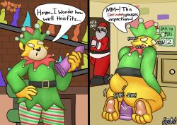 absurd_res anthro ass bear christmas clothing costume daniel_(honeybud) dildo duo elf_costume english_text factory hi_res holding_object holidays honeybud male mammal moan motion_lines onomatopoeia pilosan riding riding_dildo santa_costume sex_toy sloth sound_effects tail text twinkie_(honeybud) xenarthran