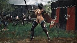 3d 3d_(artwork) action_pose breasts brown_hair building bush castle casual_exposure casual_nudity dirt dramatic_lighting female female_focus female_knight fence gauntlets grass hairy_pussy helmet high_heels horse impractical_armor knight knight_armor large_breasts medieval mostly_nude nipple_piercing nipples onlookers outdoors pubes pubic_hair shield shiny_body shiny_skin shoukaart silver_armor source_filmmaker spectators sweat sweaty_body sword tent thick_thighs tree watermark