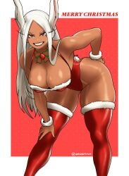 abs absurdres alternate_costume animal_ears athletic athletic_female bare_shoulders bent_over boku_no_hero_academia border breasts bunny_ears bunny_girl bunny_tail camel_toe cameltoe christmas christmas_clothing christmas_hat christmas_headwear christmas_lingerie christmas_outfit cleavage commentary dark-skinned_female dark_skin dotted_background english_commentary english_text female front-tie_top fur-trimmed_bra fur-trimmed_leotard fur-trimmed_thighhighs fur-trimmed_wrist_cuffs fur_trim grin hand_on_own_hip hand_on_own_knee hanging_breasts highleg highleg_leotard highres large_ass large_breasts leaning_forward leotard lingerie long_eyelashes long_hair looking_at_viewer merry_christmas mirko miruko my_hero_academia parted_bangs pose posing pussy_juice rabbit_ears rabbit_girl rabbit_tail red_background red_eyes red_leotard red_thighhighs rumi_usagiyama santa_costume santa_hat sexy_clothing smile smug smug_grin solo sweat sweaty tagme tail tail_through_clothes teasing teasing_viewer thick_thighs thighhighs thighs toned toned_female twitter_username two-tone_bow very_long_hair wet_pussy white_border white_hair witlessfrawn
