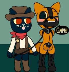 1boy 1girls anthro armbinder badge binder_(restraint) bit_gag black_body black_fur bondage bondage_gear boots canid canine chastity chastity_cage chastity_device clothing collar cowboy_boots cowboy_hat dominant_female duo felid feline female female_domination femdom footwear fox fur gag gregg_lee halter harness_gag hat headgear headwear hoof_boots humiliation kerchief leash leather mae_borowski male male/female malesub mammal night_in_the_woods orange_body orange_fur petplay ponyplay posture_collar red_eyes restraints riding_crop roleplay sheriff shoes teasing tongue tongue_out topwear vest whip zxc14
