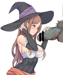 1boy 1boy1girl big_breasts brown_eyes brown_hair censor_bar censored censored_penis dragon's_crown female green_skin huge_breasts huge_cock human_female kook large_breasts larger_male light-skinned_female light_skin loincloth mage male male/female orc orc_male penis sorceress sorceress_(dragon's_crown) testicles witch witch_hat