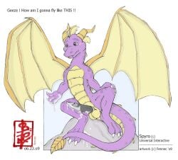 2009 activision after_masturbation anthro balls bodily_fluids claws cum cum_on_ground cum_on_hand cum_on_leg cum_on_own_hand cum_on_own_leg cum_on_own_penis cum_on_penis cum_on_rock cum_on_self dated dragon english_text erection european_mythology fennec_(artist) feral flying genital_fluids genitals horn male male_only membrane_(anatomy) membranous_wings mythological_creature mythological_scalie mythology non-mammal_balls nude penis purple_body purple_scales scales scalie solo spyro spyro_the_dragon tail text video_games western_dragon wings yellow_wings