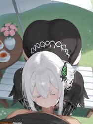 1boy 2025 ai_assisted ai_generated all_fours anime anime_girl anime_style artist_name ass bangs black_capelet black_dress blush breasts butterfly_hair_ornament capelet closed_eyes colored_eyelashes cup dress echidna_(re:zero) erection fellatio female flower grass hair_between_eyes hair_ornament hi_res high_quality high_res high_resolution highres large_breasts long_hair long_sleeves oral outdoors patreon patreon_username penis pov re:zero_kara_hajimeru_isekai_seikatsu rinkoai saliva solo_focus straight striped striped_dress sweat table teacup uncensored vertical-striped_dress vertical_stripes watermark white_hair