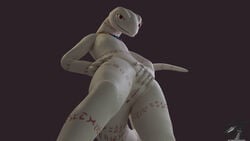 3d 3d_(artwork) absurd_res anthro blender_(software) crusch_lulu digital_media_(artwork) female genitals hi_res lizard lizardman_(overlord) looking_at_viewer overlord_(maruyama) pussy scalie simple_background slit solo sredrahs zbrush