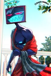 1boy bara blue_nipples chest_visible cyan_nipples dopeybunni_ gay gills halo hazbin_hotel hazbin_hotel_(season_2) hellaverse nipples nipples_visible_through_clothing robe robe_only robes spindlehorse_toons tv tv_head tv_screen unusual_nipples vivienne_medrano vivziepop vox vox_(hazbin_hotel) yaoi