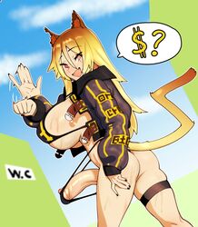 1futa animal_ears belt bikini blonde_hair breasts brown_hair cat_ears cat_tail catgirl clothed clothing erection erection_under_clothes futa_only futanari humanoid humanoid_penis inviting jacket kashmere(loafd) kemonomimi large_breasts looking_at_viewer minkye mostly_nude open_mouth outdoors outside pale_skin penis public_exposure skindentation solo standing sweat thighlet two_tone_hair