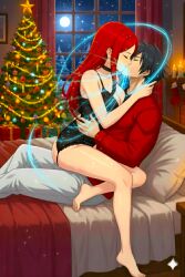 1boy1girl ai_generated anime anime_boy anime_girl anime_style beautiful bed bedroom black_hair_male candles christmas christmas_decorations christmas_tree closed_eyes crossover curvy_figure dark_fantasy draining_kiss draining_soul draining_vitality fairy_tail female_on_top female_predator forced_kissing fuuka_(naruto) gray_fullbuster happy_holidays house imminent_death indoors_sex kissing kunoichi large_breasts lingerie lovely mage merry_christmas muscular_male naruto naruto_(series) naruto_shippuden presents red_hair sexy snowing_outside straddling villainess_on_hero window winter wrapped_gifts