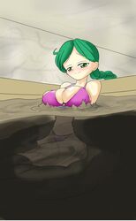 1girls alternate_version_available bikini blush braided_ponytail breasts chie_hamagawa cleavage closed_mouth covered_navel earrings esthe_hunter game_cg green_eyes green_hair indoors kei-waza large_breasts long_hair mud mud_bath o-ring o-ring_bikini partially_submerged pink_bikini relaxed smile spa swimsuit