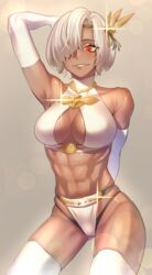 abs arm_up armpit armwear bikini breasts cameltoe cleavage dark-skinned_female dark_skin eyebrows eyebrows_visible_through_hair eyelashes female female_focus female_only hair_over_one_eye legwear looking_down muscular muscular_female original original_character rakuga_kiya red_eyes reverseki_ya shiny_clothes short_hair smile smiling solo solo_female solo_focus standing tan tan_body tan_skin tanned tanned_skin thighs white_armwear white_hair white_legwear