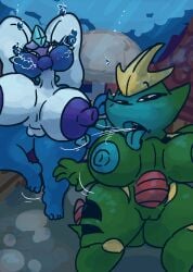 2girls aquaphilia art_trade aurorus breath_holding female mblaze nintendo nude original_characters pokemon pokemon_(species) romance swimming tyranitar underwater yuri