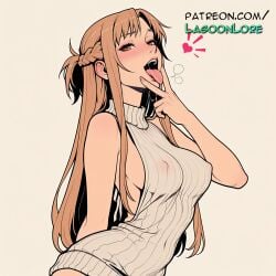 ai_generated artist_name bare_shoulders blush braid breasts brown_eyes brown_hair bust chest covered_nipples cunnilingus_gesture fellatio_gesture female gradient gradient_background hi_res highres lagoonlore long_hair looking_at_viewer meme_attire naked_sweater open_mouth patreon patreon_username ribbed_sweater sideboob solo sweater sweater_dress sword_art_online tongue tongue_out turtleneck virgin_killer_sweater watermark yuuki_asuna