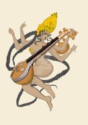 braid braided_hair braids crown fully_nude goddess hindu hindu_mythology hinduism indian indian_female long_hair multiple_arms musical_instrument nude nude_female nudity saraswati saraswati_(hinduism) sunflower tan_body tan_skin thighs