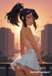 1girls ai_generated areolae artist_name ass black_hair blush breasts city cityscape erect_nipples female female_only hentaipresident looking_at_viewer medium_breasts nipples no_bra outdoors ponytail purple_eyes skirt smile solo solo_female source_request standing tanline tanlines tanned tanned-skinned_female tanned_body tanned_female tanned_girl tanned_skin thighs topless topless_female uncensored uncensored_breasts uncensored_nipples white_skirt