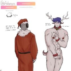 2boys ashxrzzz chance_(forsaken) christmas christmas_clothing christmas_outfit dialogue english_text forsaken_(roblox) guest_1337_(forsaken) male male/male male_only muscular_male reindeer_costume request requested roblox roblox_game robloxian self_upload size_difference strawpage_request text