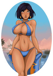 1girls areolae belly big_breasts bikini black_hair bocas_top breasts brown_eyes cleavage curvy egyptian female female_only hourglass_figure huge_breasts lipstick looking_at_viewer makeup navel nipples overwatch palm_tree pharah pyramid short_black_hair smash-d solo solo_female standing voluptuous wide_hips