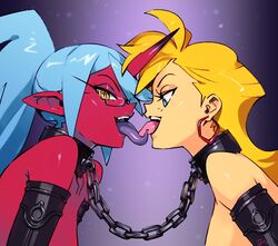 2girls blonde_hair blue_eyes blue_hair bondage bound_together chained chained_together chains collar collared demon demon_girl earrings elbow_gloves eye_contact eyelashes eyeliner eyeshadow female female_only femsub forced_yuri french_kiss glasses happy_sub hi_res horn kissing kneesocks_daemon latex_gloves leather linked_collar long_hair looking_at_viewer makeup multiple_girls multiple_subs optionaltypo panty_&_stocking_with_garterbelt panty_anarchy petplay pointy_ears ponytail red_skin slave slave_collar succubus tied_together tongue tongue_kiss tongue_out topless yellow_eyes yuri