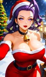 1woman ai_generated attractive beautiful belt billiemi02 busty_female capcom christmas christmas_tree curvy_figure earrings eyelashes eyeshadow fantasy fighting_game fortune_teller gift heavenly_face huge_breasts makeup perfect_body pov purple_eyes_female purple_hair red_lips rose rose_(street_fighter) santa_dress snow snowflake snowflake_earrings street_fighter street_fighter_iv upper_body video_game_franchise video_games voluptuous_female warrioress witch