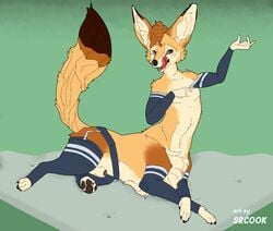 animal_genitalia animal_penis arm_warmers armwear canid canine clothing fennec footwear fox fur genitals girly hair hi_res legwear licking licking_lips looking_at_viewer male mammal penis penis_tip sheath socks solo srcook stockings taur tongue tongue_out