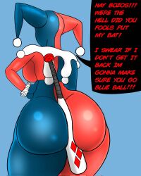 1girls ass ass_cheeks ass_focus baseball_bat batman_(series) behind_view between_buttocks big_ass big_breasts big_butt bodysuit butt_focus dc dc_comics dialogue english_dialogue english_text fat_ass female female_focus female_only harley_quinn harley_quinn_(classic) huge_ass huge_butt large_ass large_butt object_between_ass rear_view solo solo_female solo_focus speech_bubble stuck_between_ass superbone text thick_ass