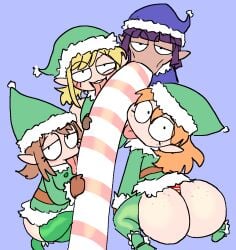 4girls big_eyes blush bottom_heavy candy_cane christmas christmas_elf clothed collaborative_fellatio color cooperative_fellatio cute elf freckles huge_ass innuendo lewdicrousart licking looking_at_viewer looking_up oral phallic sexually_suggestive shortstack sucking suggestive