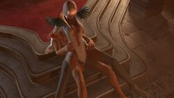 16:9_aspect_ratio 1boy 3d bob_cut capcom clothed_female_nude_male dark-skinned_female devil_may_cry devil_may_cry_4 female gloria_(devil_may_cry) male sex short_hair straight_sex trish_(devil_may_cry) vaginal_penetration white_hair