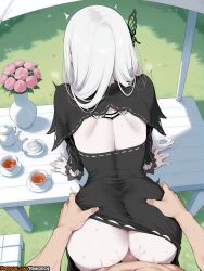 1boy 2025 ai_assisted ai_generated anime anime_girl anime_style anus artist_name ass ass_grab bent_over black_capelet black_dress butterfly_hair_ornament capelet clothed_female_nude_male clothed_sex cup doggy_style dress echidna_(re:zero) facing_away female flower from_behind grass hair_ornament heart hi_res high_quality high_res high_resolution highres long_hair long_sleeves no_panties nude outdoors patreon patreon_username penis pov re:zero_kara_hajimeru_isekai_seikatsu rinkoai sex sex_from_behind solo_focus straight table tea teacup teapot trembling uncensored vaginal_penetration watermark white_hair
