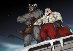 2025 5_fingers abs absurd_res anthro balls bear beard belt bottomwear bovid bulge caprine caprine_demon christmas christmas_clothing christmas_headwear clothing collar crossed_arms demon digital_media_(artwork) duo eyewear facial_hair fingers fur genitals glasses goat_demon grey_body grey_fur hat headgear headwear hi_res holding_leash holding_object holding_sack holidays horn krampus leash leashed_collar loincloth low-angle_view male mammal muscular muscular_anthro muscular_male outside pants pecs polar_bear red_bottomwear red_clothing red_pants round_glasses santa_claus santa_hat shirtless sky snow standing suspenders tail tight_clothing tongue tongue_out traver009 underbite ursine vein veiny_muscles white_body white_fur