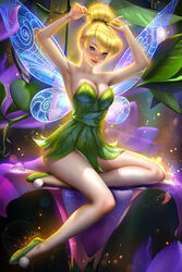 ayyasap blonde_hair blue_eyes cleavage disney fairy fairy_wings hairbun large_breasts leaf_clothing peter_pan_(disney) pixie_dust realistic tinker_bell voluptuous