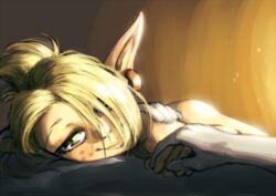 1boy 1girls bed blonde_hair cleophee cra cuddling elf_ears faceless_male handholding happy in_bed lying_on_person pov smile smiling wakfu wholesome