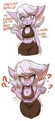 asekeu breast_squish breasts cleavage elbows_to_navel english_text league_of_legends sports_bra text tristana white_hair yellow_eyes yordle