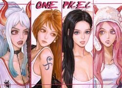 4girls artist_request cigarette female female_only fully_clothed hoop_earrings jewelry_bonney licking_lips meidaoxxri multiple_girls nami nico_robin one_piece pirate post-timeskip yamato_(one_piece)