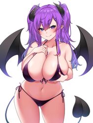 1girls big_breasts bikini blush breasts breasts_grab cleavage demon_girl demon_horns demon_tail demon_wings female female_only huge_breasts large_breasts long_hair nail_polish navel original pointy_ears purple_eyes purple_hair revealing_clothes side-tie_bikini sideboob simple_background smile solo succubus suruga_(xsurugax) swimsuit tail thick_thighs thighhighs thighs twintails wide_hips wings