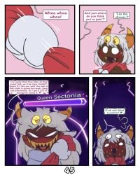 absurd_res arachnid blush comic comic_page consensual dialogue dominant_female drooling evil_face gaepaws18 health_bar heart-shaped_pupils hi_res horny_female ibispaint_(medium) kirby_(series) kirby_triple_deluxe married_couple messy_hair nintendo page_45 pulling pulling_clothing queen_sectonia sectaranza submissive_male sweating taranza thunder