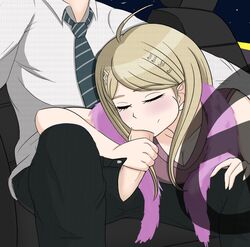 1boy 1girls ahoge akamatsu_kaede blonde_hair bravebengal cheek_bulge closed_eyes clothed_female_nude_male danganronpa danganronpa_v3 fellatio handjob long_hair oral saihara_shuuichi scarf sex straight_hair unseen_male_face