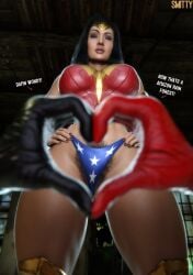 2girls 3d absurdres artist_name asymmetrical_gloves batman_(series) black_hair breasts commentary dc dc_comics diana_prince english_commentary english_text female_pubic_hair from_below gloves gold_tiara harley_quinn harley_quinn_(classic) harley_quinn_(injustice) heart heart_hands highres injustice_2 large_breasts long_hair multiple_girls panties pubic_hair pubic_hair_peek smitty34 star_(symbol) star_print thick_thighs thighs tiara underwear wide_hips wonder_woman wonder_woman_(injustice) wonder_woman_(series)
