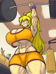 1girls abs blonde_female blonde_hair dountdoodlebug gym_clothes gym_shorts gym_uniform large_breasts lifting_weights punching_bag purple_eyes robotic_arm rwby solo_female weightlifting weights yang_xiao_long