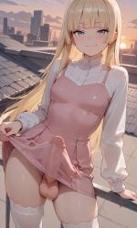 1futa ai_generated balls balls_out big_penis blonde_hair blue_eyes breasts bulge dickgirl dress erection erection_under_clothes futa_only futanari hime_cut hime_girl_(jamesbron) intersex jamesbron large_penis legwear long_hair looking_at_viewer no_panties penis penis_bulge penis_under_dress pink_dress shirt skindentation small_breasts smile smug solo solo_futa standing stockings sunset thighhighs thighs white_legwear white_shirt white_stockings white_thighhighs