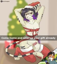 2025 animal_genitalia animal_penis anthro black_hair blurred_background bodily_fluids brown_ears brown_eyes cellphone christmas christmas_clothing christmas_decorations christmas_headwear christmas_lights christmas_present christmas_thigh_highs christmas_tree clothed clothing crossdressing crouching digital_drawing_(artwork) digital_media_(artwork) dripping electronics english_description english_text erection eyewear feline_genitalia feline_penis feline_tail femboy flat_triangles fur gasp genital_fluids genitals gift glasses hair hands_behind_head hat headgear headwear hi_res holding_cellphone holding_object holding_phone holding_smartphone holidays legwear lombax long_hair looking_at_cellphone looking_at_object looking_at_phone male mammal markings nude_male orange_body orange_fur penile_spines penis phone pink_nose plant precum precum_drip purple_hair_tips raised_arms ratchet_and_clank ribbons ring_(marking) ringed_tail round_glasses santa_hat screwdriver_(flat_triangles) seductive shirt skinny small_penis smartphone snapchat solo sony_corporation sony_interactive_entertainment striped_markings striped_tail stripes t-shirt tail tail_markings tan_body tan_fur text thigh_highs thin_tail topwear tree wearing_glasses white_body white_fur white_inner_ear wrapped_up