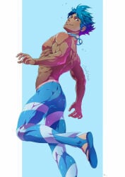 1boy 2023 abs ass bara blue_eyes blue_hair dated evinist goggles goggles_around_neck male male_only marlon_(pokemon) muscular nipples out_of_frame pokemon simple_background tan_skin tanline video_games flip_flops