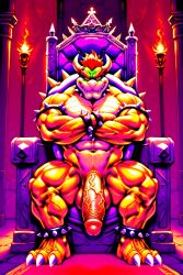 1boy abs ai_generated arms_crossed bowser green_shell grin horns huge_balls huge_cock king koopa looking_at_viewer male mario_(series) muscular muscular_male nintendo penis red_eyes red_hair reptile royalty scalie shell solo_male spiked spiked_collar spiked_shell throne throne_room