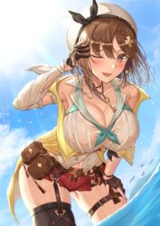 1girls atelier_(series) atelier_ryza atelier_ryza_2 brown_hair cleavage clothed female fully_clothed hat one_eye_closed reisalin_stout see-through shorts solo solo_female sssemiii sweat water wet wet_clothes wet_clothing