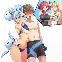 1boy 3girls anger_vein arm_grab artist_signature bikini blonde_hair blue_eyes blue_hair blush breast_squish brown_hair choker crossed_arms earrings eyepatch fins gloves jarckius jealous large_breasts mythra nintendo one-piece_swimsuit praxis_(xenoblade) pyra red_eyes red_hair rex_(xenoblade) simple_background sweat sweatdrop swim_trunks white_background xenoblade_(series) xenoblade_chronicles_2 yellow_eyes