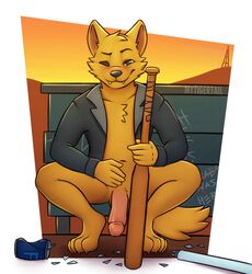 anthro baseball_bat bat_(object) bottomless can canid canine clothed clothing fox genitals gregg_lee humanoid_genitalia humanoid_penis male mammal mytigertail night_in_the_woods penis solo video_games