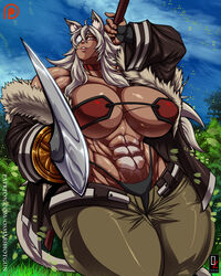 abs animal_ears big_muscles breasts busty cleavage dark-skinned_female dark_skin eye_patch ghislaine_dedoldia hyper_muscles large_breasts looking_at_viewer muscles muscular muscular_female mushoku_tensei navel osmar-shotgun red_eyes scar silver_hair sweat sword tail thong warrior weapon