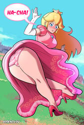 animal_crossing ass assentlov bare_legs big_ass big_breasts blonde_hair blue_eyes crown dat_ass dress earrings embarrassed_underwear_female euf fully_clothed heels high_heels long_hair mario_(series) nintendo panties pantyshot peach_bomber princess_peach round_ass shoes sleeved_gloves solo super_smash_bros. thick_thighs underwear upskirt wide_hips