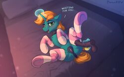 16:10 2021 animal_dildo animal_genitalia animal_pussy animal_sex_toy anus bed bedroom_eyes blonde_mane blush bodily_fluids chest_tuft clitoral_winking clitoris clothing collar dialogue dildo dock duo english_text equid equine equine_dildo equine_pussy fan_character female feral footwear fur furniture genital_fluids genitals glowing glowing_horn green_body green_eyes green_fur hasbro hi_res hooves horn legwear levitation lying magic male mammal mane my_little_pony narrowed_eyes on_back on_bed open_mouth pattern_clothing pattern_footwear pattern_legwear pattern_socks phenyanyanya pussy pussy_juice quadruped seductive sex_toy signature socks striped_clothing striped_footwear striped_socks stripes talking_to_viewer text thigh_highs tuft underhoof unicorn widescreen yellow_tail